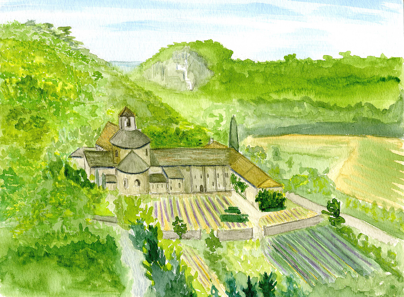 Senanque Abbey, S France, watercolour 